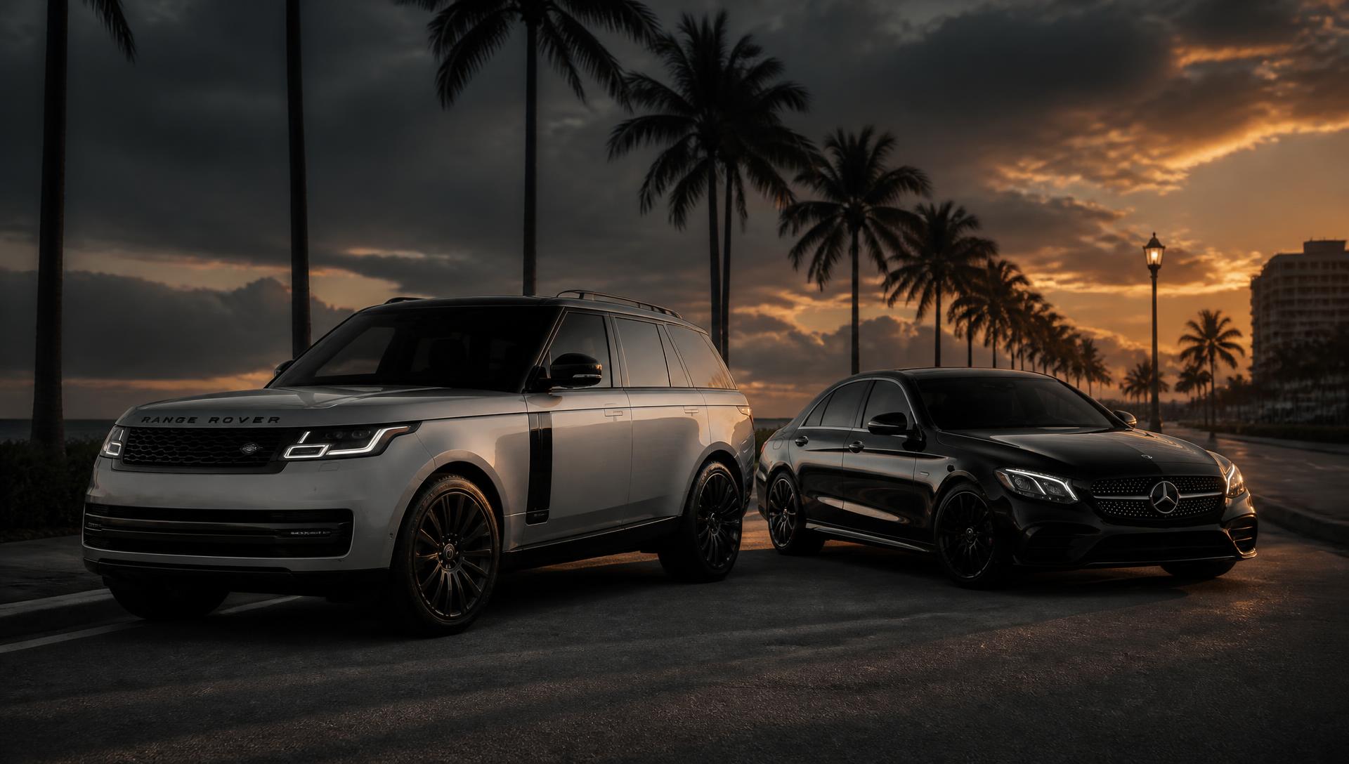 Premium rental SUV and sedan parked on a palm-lined Florida road at dusk